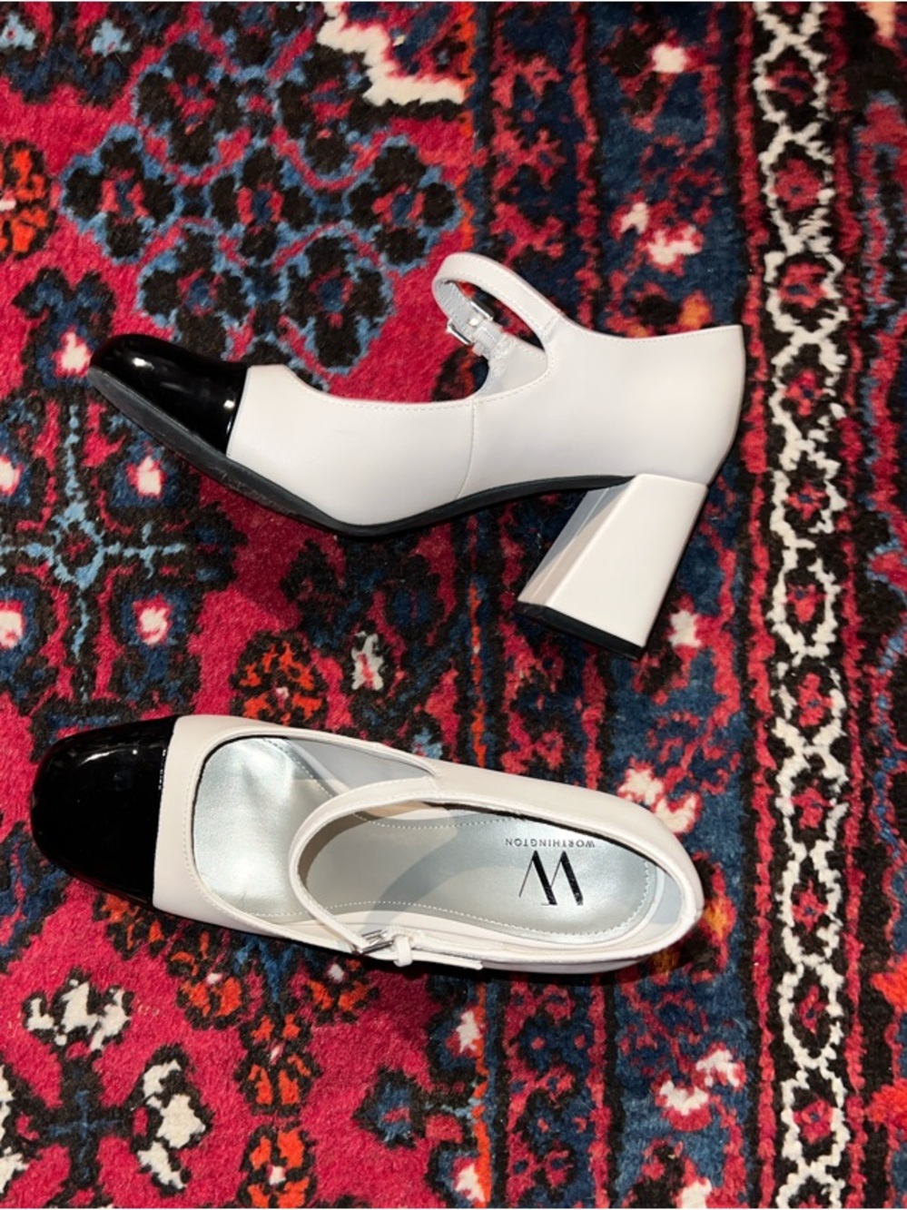Off White Mary Jane Block Heel Pumps with Black Cap Square Toe